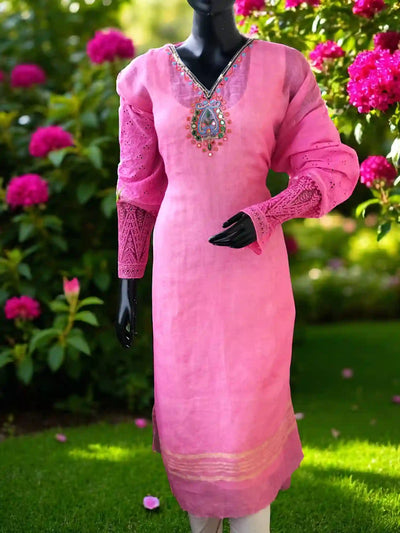 Pink Designer Linen Kurti with Hand Embroidery