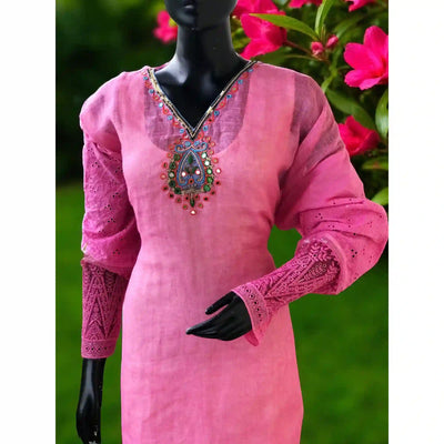 Pink Designer Linen Kurti with Hand Embroidery