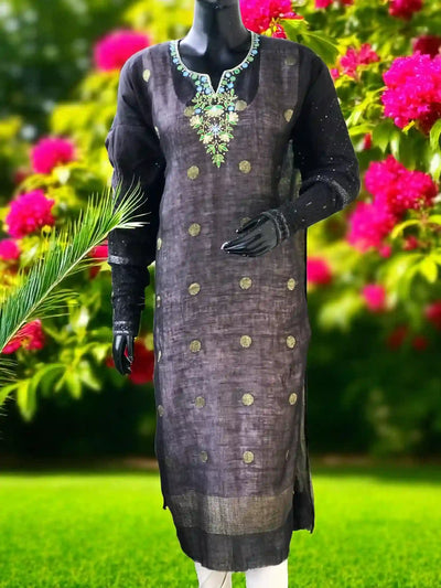 Black Designer Linen Kurti with Hand Embroidery