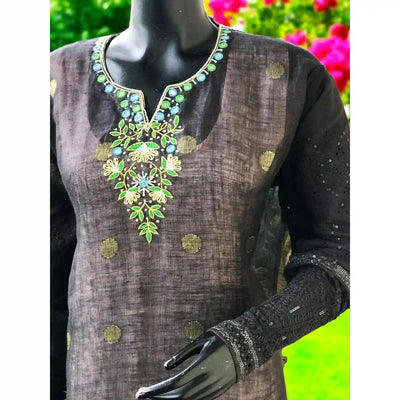 Black Designer Linen Kurti with Hand Embroidery
