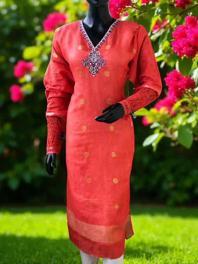 Red Designer Linen Kurti with Hand Embroidery