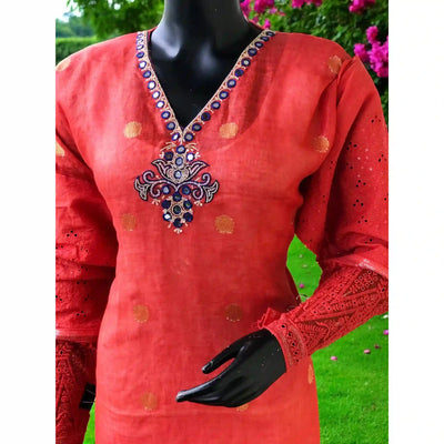 Red Designer Linen Kurti with Hand Embroidery