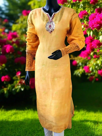Yellow Designer Linen Kurti with Hand Embroidery