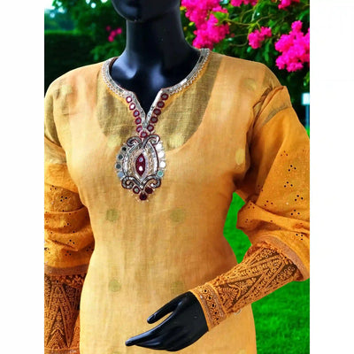 Yellow Designer Linen Kurti with Hand Embroidery