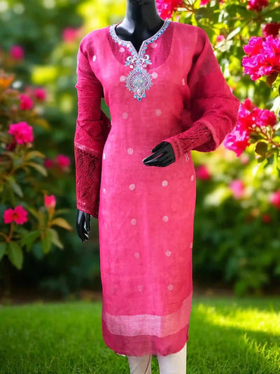 Pink Designer Linen Kurti with Hand Embroidery