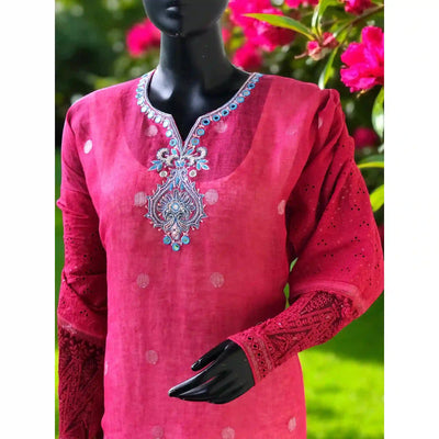 Pink Designer Linen Kurti with Hand Embroidery