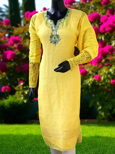 Yellow Designer Linen Kurti with Hand Embroidery