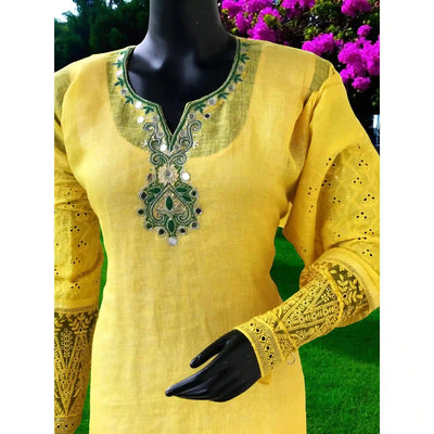Yellow Designer Linen Kurti with Hand Embroidery