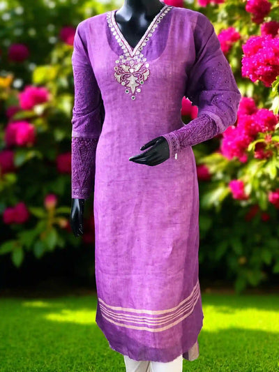 Purple Designer Linen Kurti with Hand Embroidery