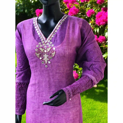 Purple Designer Linen Kurti with Hand Embroidery