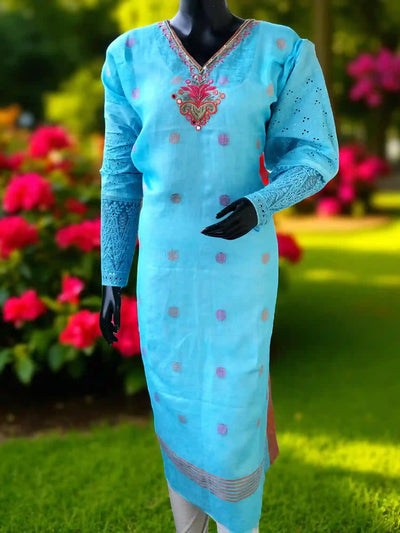 Blue Designer Linen Kurti with Hand Embroidery