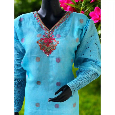 Blue Designer Linen Kurti with Hand Embroidery