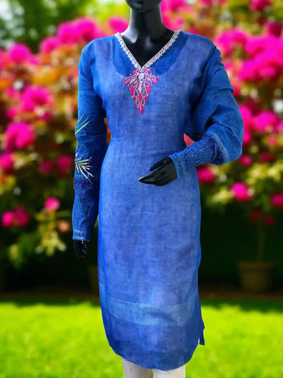 Blue Designer Linen Kurti with Hand Embroidery
