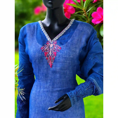 Blue Designer Linen Kurti with Hand Embroidery
