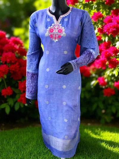 Blue Designer Linen Kurti with Hand Embroidery
