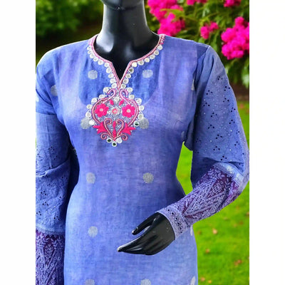 Blue Designer Linen Kurti with Hand Embroidery
