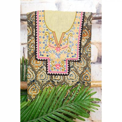 Kalamkari block printed cotton kurti with hand embroidery on neckline – breathable fabric, plus-size friendly, up to 5XL