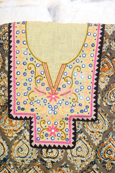 Kalamkari block printed cotton kurti with hand embroidery on neckline – breathable fabric, plus-size friendly, up to 5XL