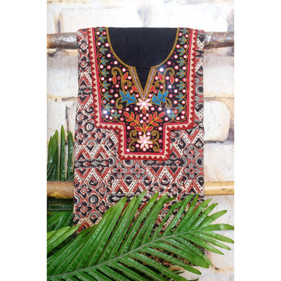 Kalamkari block printed cotton kurti with hand embroidery on neckline – breathable fabric, plus-size friendly, up to 5XL