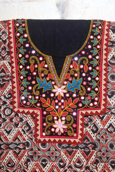 Kalamkari block printed cotton kurti with hand embroidery on neckline – breathable fabric, plus-size friendly, up to 5XL