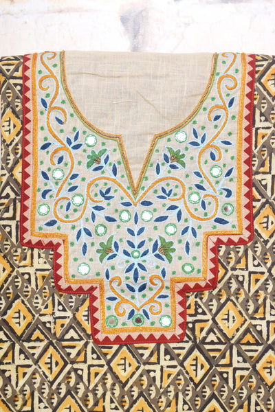 Kalamkari block printed cotton kurti with hand embroidery on neckline – breathable fabric, plus-size friendly, up to 5XL