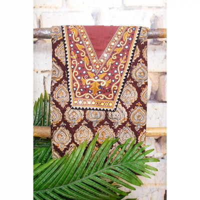 Kalamkari block printed cotton kurti with hand embroidery on neckline – breathable fabric, plus-size friendly, up to 5XL