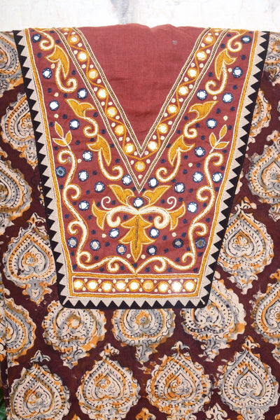 Kalamkari block printed cotton kurti with hand embroidery on neckline – breathable fabric, plus-size friendly, up to 5XL