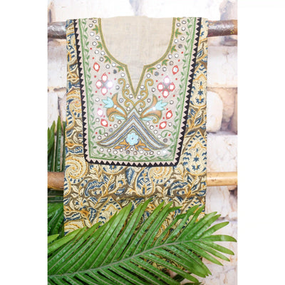 Kalamkari block printed cotton kurti with hand embroidery on neckline – breathable fabric, plus-size friendly, up to 5XL