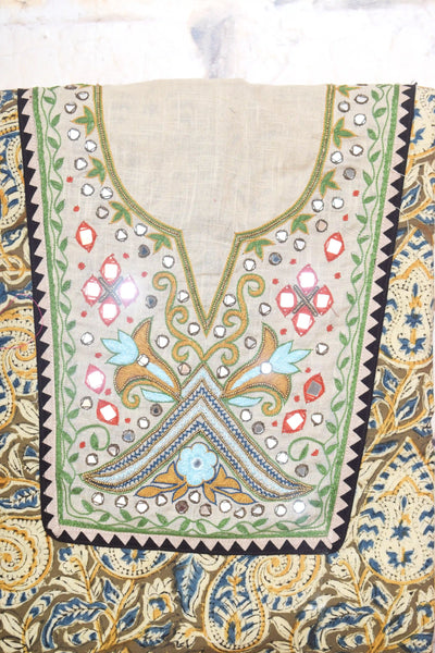 Kalamkari block printed cotton kurti with hand embroidery on neckline – breathable fabric, plus-size friendly, up to 5XL