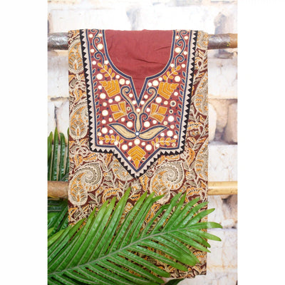 Kalamkari block printed cotton kurti with hand embroidery on neckline – breathable fabric, plus-size friendly, up to 5XL