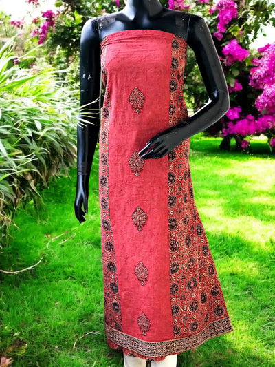 Ajrakh Tepchi Kurti Fabric with Appliqué Motifs and Tepchi Panels