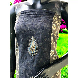 Ajrakh Tepchi Kurti Fabric with Appliqué Motifs and Tepchi Panels