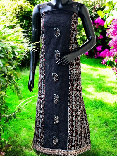Ajrakh Tepchi Kurti Fabric with Appliqué Motifs and Tepchi Panels