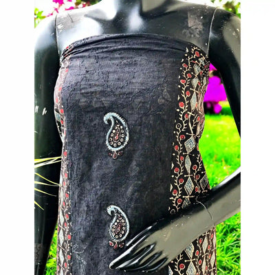 Ajrakh Tepchi Kurti Fabric with Appliqué Motifs and Tepchi Panels