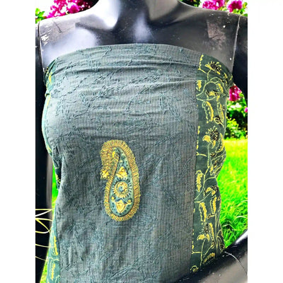 Ajrakh Tepchi Kurti Fabric with Appliqué Motifs and Tepchi Panels