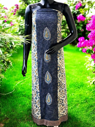 Ajrakh Tepchi Kurti Fabric with Appliqué Motifs and Tepchi Panels