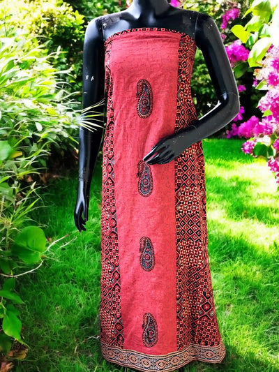 Ajrakh Tepchi Kurti Fabric with Appliqué Motifs and Tepchi Panels