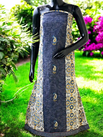 Ajrakh Tepchi Kurti Fabric with Appliqué Motifs and Tepchi Panels