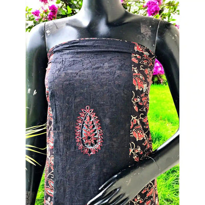 Ajrakh Tepchi Kurti Fabric with Appliqué Motifs and Tepchi Panels