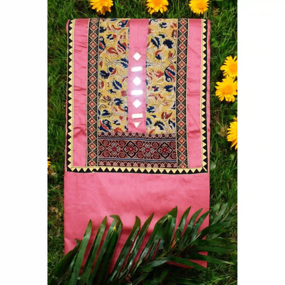 Kalamkari patchwork cotton kurti with mirror embroidery on glazed cotton fabric