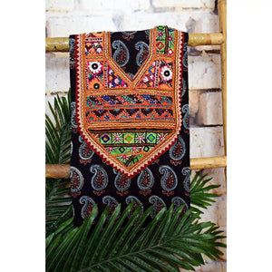 Ajrakh Vintage Kutch Patch Kurti Fabric with Hand Embroidered Kutch Patches on Cotton