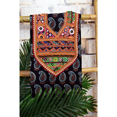 Ajrakh Vintage Kutch Patch Kurti Fabric with Hand Embroidered Kutch Patches on Cotton