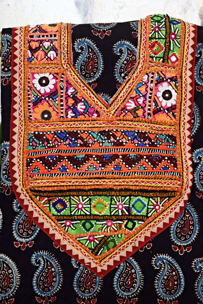 Ajrakh Vintage Kutch Patch Kurti Fabric with Hand Embroidered Kutch Patches on Cotton