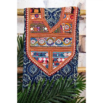 Ajrakh Vintage Kutch Patch Kurti Fabric with Hand Embroidered Kutch Patches on Cotton