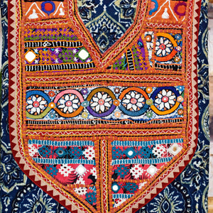 Ajrakh Vintage Kutch Patch Kurti Fabric with Hand Embroidered Kutch Patches on Cotton