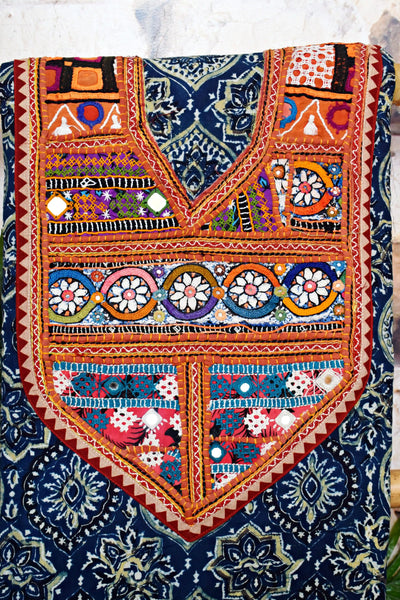 Ajrakh Vintage Kutch Patch Kurti Fabric with Hand Embroidered Kutch Patches on Cotton