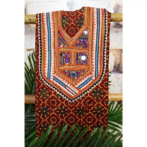 Ajrakh Vintage Kutch Patch Kurti Fabric with Hand Embroidered Kutch Patches on Cotton