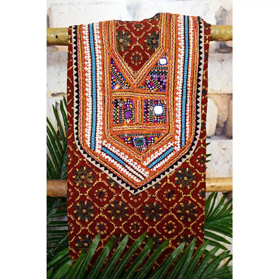 Ajrakh Vintage Kutch Patch Kurti Fabric with Hand Embroidered Kutch Patches on Cotton