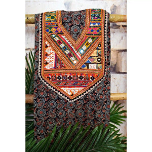 Ajrakh Vintage Kutch Patch Kurti Fabric with Hand Embroidered Kutch Patches on Cotton