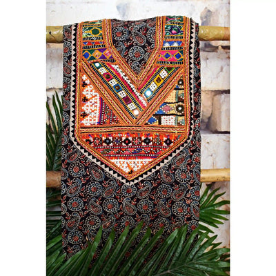 Ajrakh Vintage Kutch Patch Kurti Fabric with Hand Embroidered Kutch Patches on Cotton
